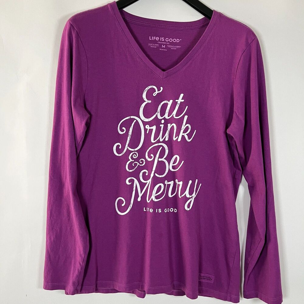 Life Is Good Crusher Tee Medium‎ Eat Drink Be Merry Spell Out Gorpcore Outdoors